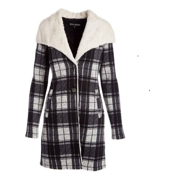 NWT Steve Madden Knit Plaid Black & White Coat with Cream Faux fur Colla… - Picture 1 of 10